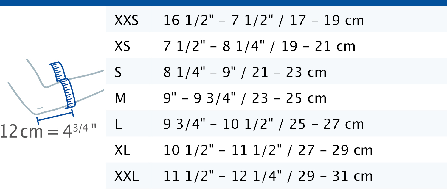 Size chart showing measurements for Actimove Professional Line EpiMotion Elbow Support
 Size chart showing measurements for Actimove Professional Line EpiMotion Elbow Support